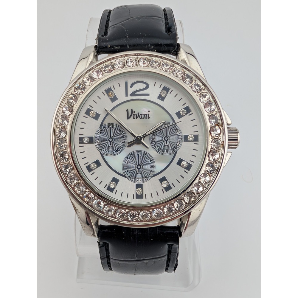 Vivani Watch Women 23mm Silver Tone Case Black Band-‎ New Battery